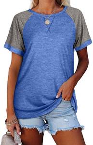 lot 86796 image: Esobo Womens Raglan Short Sleeve Crewneck T-Shirt Color Block Tunic Tshirt Casual Loose Blouses Tops Light Blue