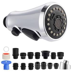 lot 86834 image: Hibbent Pull Down Kitchen Faucet Head Replacement, 3-Function Kitchen Faucet Head Sink Spray Nozzle with 15 Adapters Compatible with Moen, American Standard, Delta, Kohler Faucets, Chrome