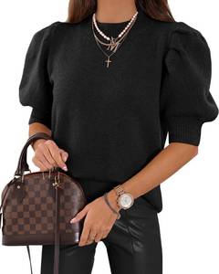 lot 86849 image: Womens Puff Short Sleeve Sweater Tops 2024 Spring Summer Trendy CrewSquareV Neck Casual T Shirts Blouses A-Black