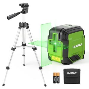 lot 86874 image: Laser Level with Tripod, Huepar 98Ft Self Leveling Laser Level Green Line Laser Cross Line Laser Leveler Tool for Picture Hanging, Tile, Home Renovation, Indoor Project, Battery&Carrying Bag Included