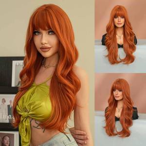 lot 86877 image: 7JHH WIGS Long Wavy Orange Wig 28in Natural Heat Resistant Fiber Synthetic Curly Ginger Cosplay Halloween Wigs with Bangs for Women Girls Daily Party Holiday Festival Chrismas Used