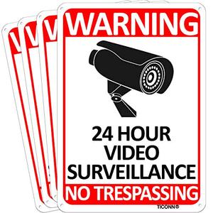 lot 86889 image: TICONN 4-Pack 24 Hour Video Surveillance Sign, No Trespassing Aluminum Warning Sign, 10��x7�� for CCTV Security Camera - Reflective, UV Protected