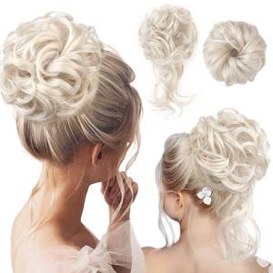 lot 86916 image: REECHO Messy Bun Hair Piece, 2 Styles Classic Tousled Updo Elastic Hair Bun Scrunchies Fake Hair Bun Donut Ponytail Extensions Messy Hair Bun Accessories for Women - Platinum Blonde