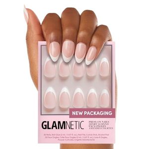 lot 86924 image: Glamnetic Press On Nails - Ma Damn  French Tip , UV Finish Short Pointed Almond Shape, Reusable Semi-Transparent Nails in 12 Sizes - 24 Nail Kit with Glue
