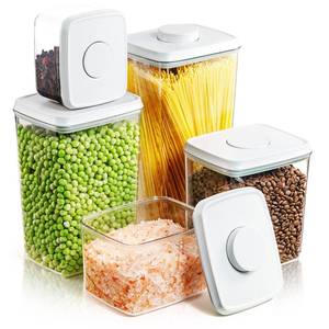 lot 86948 image: Tourdeus Pop Up Lid Food Storage Containers, Clear Storage Containers for Pantry Airtight Kitchen Containers Storage Set - 5 Pack for Cereal, Flour and Sugar, 3.5Qt, 2.9Qt, 2.1Qt, 1.3Qt, 0.6Qt
