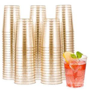 lot 86951 image: JOLLY CHEF 100 Pack 10 oz Gold Plastic Cups, Disposable Gold Glitter Plastic Cups, Clear Plastic Tumblers, Wedding, Halloween, Christmas Party Cups