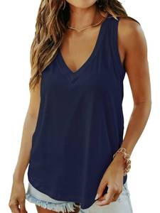 lot 86961 image: Smile Fish Women Summer Deep V Neck Tank Top Loose Fit Flowy Sleeveless Shirt Cotton Navy Blue,XL