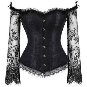 lot 86967 image: SZIVYSHI Black Corset, Corsets for Women, Long Sleeve Cors Shirt, Gothic Tapestry Lace up Boned Overbust Sexy Lingerie Bustier Top, Size L
