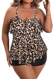 lot 86970 image: B2prity Women Plus Size Tankini Swimsuits Tummy Control Two Piece Bathing Suit Ruffled Flounce Swimwear with Shorts(Leopard)