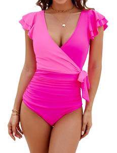 lot 86972 image: Blooming Jelly Womens Tummy Control Swimsuits Slimming One Piece Bathing Suit Modest Swimwear Ruffle Wrap V Neck Swimming Suit (Pink and Hot Pink,Medium)