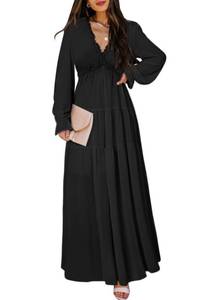 lot 86979 image: BLENCOT Womens Casual Boho Solid Color Deep V Neck Loose Long Sleeve Long Evening Dress Ruched Cocktail Party Maxi Wedding Dress Black Large