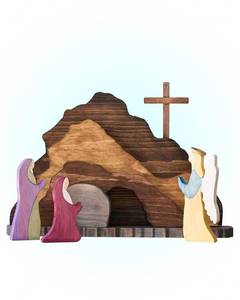 lot 86999 image: FGGII 2024 Wood encolor Easter Jesus Nativity Scene Decor Easter Resurrection Scene Set Easter Cross Empty Tomb StatueReligious Decorations (1 Set)