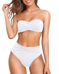 lot 87000 image: Tempt Me Women White Bandeau Bikini Set Twist Strapless Two Piece Swimsuit High Cut High Waisted Bathing Suits XL