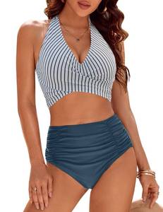 lot 87004 image: Blooming Jelly Tummy Control Swimsuits for Women Modest High Waisted Bikini Sets 2 Piece Swimsuit (Medium, Striped Blue)