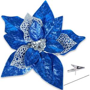 lot 87005 image: 15PCS Christmas Tree Decorations Poinsettias Artificial Flowers Ornaments Large Size 8.7� Xmas Glitter Flower with Clips Plus Stems(Blue)