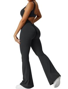 lot 87007 image: YEOREO Women Sleeveless Flare Jumpsuits Sexy Backless Gym Bodycon Scrunch Butt Yoga Rompers V Back Lizvette Black Medium