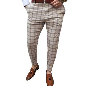 lot 87008 image: Mens Plaid Stretch Dress Pants Casual Slim Fit Striped Printed Stylish Skinny Pencil Business Long Pants with Pocket Light Khaki M