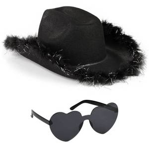 lot 87009 image: Funcredible Black Cowboy Hat and Glasses - Fluffy Cowgirl Hat with Star for Girls - Cowboy Hat with Feathers - Cowgirl Accessories - Halloween Accessories for Women