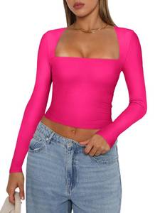 lot 87012 image: REORIA Womens Fall Sexy Casual Square Neck Long Sleeve Fashion Cropped T Shirts Slim Fitted Basic Y2K Going Out Crop Top Plus Size Neon Rose Red XX-Large