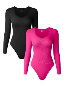 lot 87022 image: OQQ Womens 2 Piece Bodysuits Sexy Ribbed One Piece Long Sleeve Sweetheart V Neck Tops Bodysuits Black Rose3