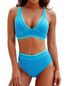 lot 87023 image: BMJL Womens High Waisted Bikini Sets Ribbed Color Block Bathing Suits Two Piece Sexy V Neck High Cut Swimsuits(M,Blue