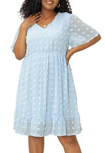 lot 87035 image: Keluummi Plus Size Wedding Guest Dresses for Curvy Women, Summer Formal Swiss Dot Chiffon Midi A Line Cocktail Dress(24 Plus, Light Blue)