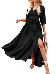 lot 87042 image: ANRABESS Women�s Summer Loose Boho Flowy Wrap V Neck 34 Sleeve Floral Print Slit Beach Wedding Guest Long Maxi Dresses 2024 Black Large