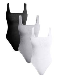 lot 87047 image: TOB Womens 3 Piece Bodysuits Sexy Ribbed Square Neck Sleeveless Tank Tops Bodysuits Black Grey White