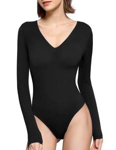 lot 87053 image: PUMIEY Body Suit for Women V Neck Long Sleeve Bodysuit Sexy T Shirts Going Out Tops, Jet Black X-Large