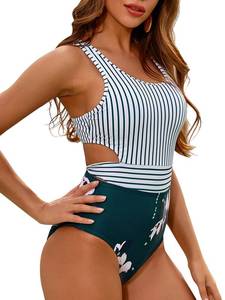 lot 87057 image: MOLYBELL One Piece Swimsuits for Women High Waisted Bathing Suit Monokini Floral Print Cutout Racerback Zip Up (Green Leaves, Small)