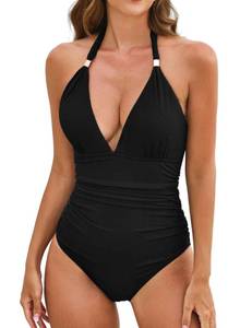 lot 87058 image: Aleumdr Womens Ribbed One Piece Swimsuit High Cut Tummy Control Bathing Suit V Neck Halter Monokini Swimwear Black Large - Retail $14562.22