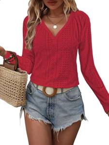 lot 87060 image: MixShe Womens Fall Fashion 2023 Long Sleeve Shirts for Women Tops Outfits Tunic V Neck Sweatshirt Dressy Casual Blouses Loose Fitting Tees Red Large