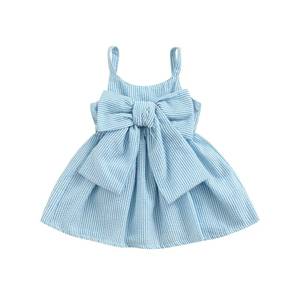 lot 87087 image: Toddler Baby Girls Sleeveless Dress Front Bowknot Stripe Sling Summer Jumpsuit Princess Casual Romper (Blue, 9-12 Months)
