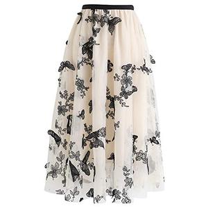 lot 87092 image: CHICWISH Womens Cream 3D Butterfly Double-Layered Mesh Midi Skirt, Size XXL-XXXL