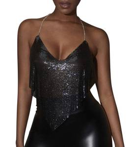 lot 87098 image: Sexy Metallic Chain Top for Women - Sequin Rhinestone Backless Crop Outfit Sparkly EDM Party Club Night Tank Shirt(Black,L,1072a)