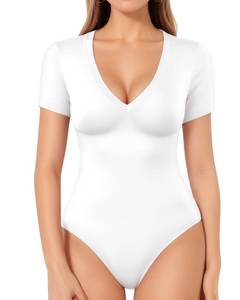 lot 87103 image: MANGOPOP White Bodysuit Short Sleeve V Neck Tops for Women Clothing