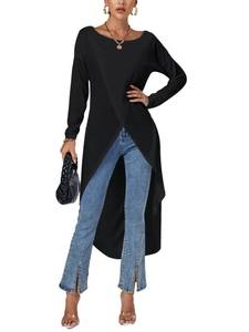 lot 87110 image: LYANER Womens High Low Long Sleeve Wrap Front Split Hem Long Shirt Blouse Tunic Top Plain Black X-Large