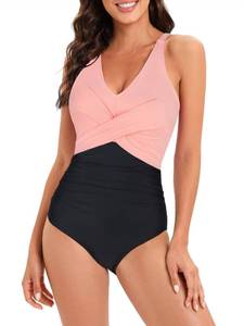 lot 87112 image: One Piece Bathing Suit for Women Front Cross Athletic Tummy Control Swimsuits V Neck Slimming Swimwear Pink-Black L