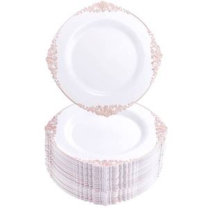 lot 87117 image: Morejoy 100pcs Plastic Plates - Disposable - 7.5 inch White and Rose Gold Dessert Plates for Weddings & Parties & Shower
