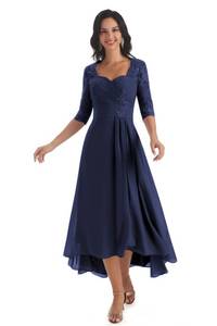 lot 87124 image: POMUYOO High Low Tea Length Mother of The Bride Dresses for Wedding Lace Appliques Beaded Formal Gown Navy Blue Size 14 - Retail $76.47