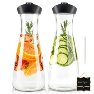 lot 87132 image: Glass Carafe Pitcher - HIHUOS 34oz Water Carafe Set for Mimosa Bar - Juice Containers with Airtight Lids for Fridge, 3 Pack Tea Pitcher for Juice, Milk, Cold Brew - 3 Wooden Tags and 1 Marker Included