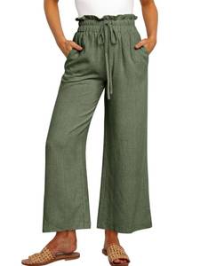 lot 87134 image: ANRABESS Women Linen Pants Casual Loose High Waist Boho Wide Leg Cropped Palazzo Beach Pants Summer Outfits 2024 Trendy Large Army Green