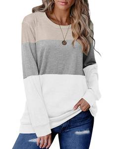 lot 87136 image: CRAZY GRID Long Sleeve Tops Women Pullover Color Block Basic Tee Crew Neck Comfy Sweatshirt Beige Gray Large
