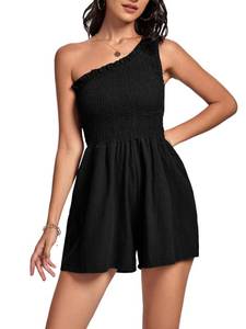 lot 87151 image: Umenlele Womens One Shouder Sleeveless Trim Smocked High Waist Short Romper Jumpsuit Black Large