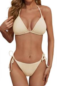 lot 87158 image: Zuvebamyo Womens Two Piece Bikini Swimsuit Sexy Ribbed Triangle Top Bathing Suits String Cheeky Bikini Sets Apricot S