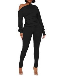 lot 87162 image: Sexy 2 Piece Outfits for Women One Off Shoulder Tops Ribbed Pant Set Tracksuit Clubwear Black L