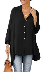 lot 87164 image: Aoysky Womens Oversized T Shirts Button Down Long Sleeve Shirt V Neck Collar Loose Flowy Blouse Black