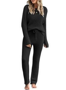 lot 87179 image: luvamia Womens Casual Solid Color Pajama Sets Long Sleeve Tops And Pants Long Pj Sets Joggers Loungewear Sleepwear Nightwear Cozy Pajamas Black 2 Piece Outfit 2 Piece Set For Women Black X-Large