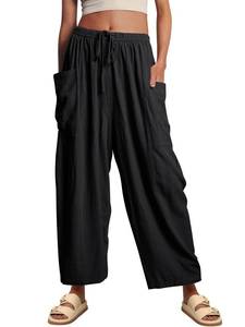 lot 87184 image: LILLUSORY Women Linen Summer Spring Fashion Outfits Clothes Palazzo Casual Flowy Pants 2024 Wide Leg Trousers Lounge Drawstring Loose Lightweigt Beach Trendy Harem Hippie Pants with Pocket Black