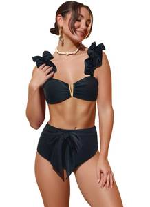 lot 87187 image: SPORLIKE Women High Waisted Swimsuit Ruffle Adjustable Straps Bikini Tie Back Bathing Suit(Black-2,X-Large)